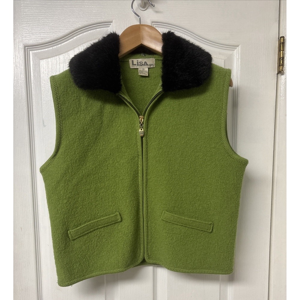 VTG Lisa International Boiled Wool Vest Apple Green Faux Fur Collar L 1990's/Y2K